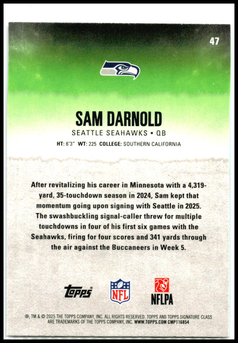 2025 Topps Signature Class Teal #47 Sam Darnold #/225 Seattle Seahawks