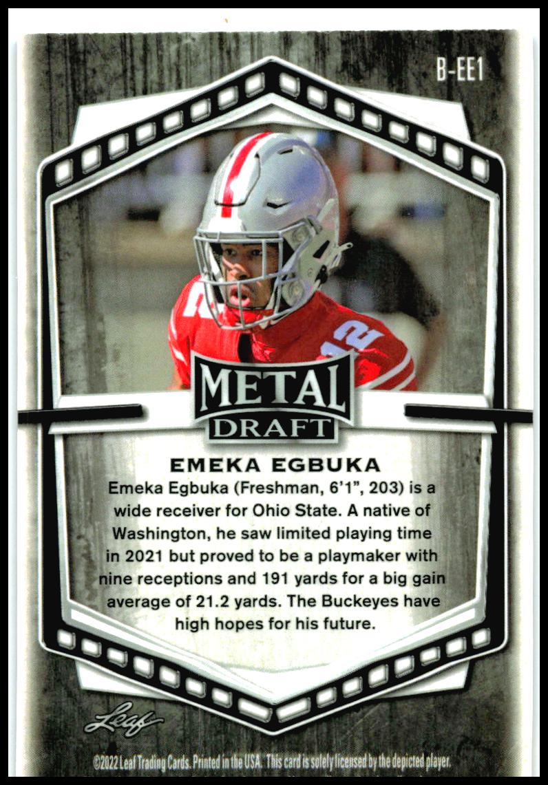 2022 Leaf Draft Metal Prismatic Blue #B-EE1 Emeka Egbuka Ohio State Buckeyes