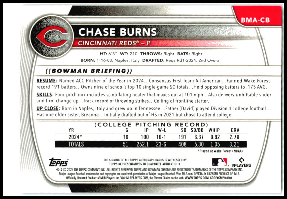 2025 Bowman Chrome Prospect Purple Auto Mojo / 199 #BMA-CB Chase Burns AU Reds