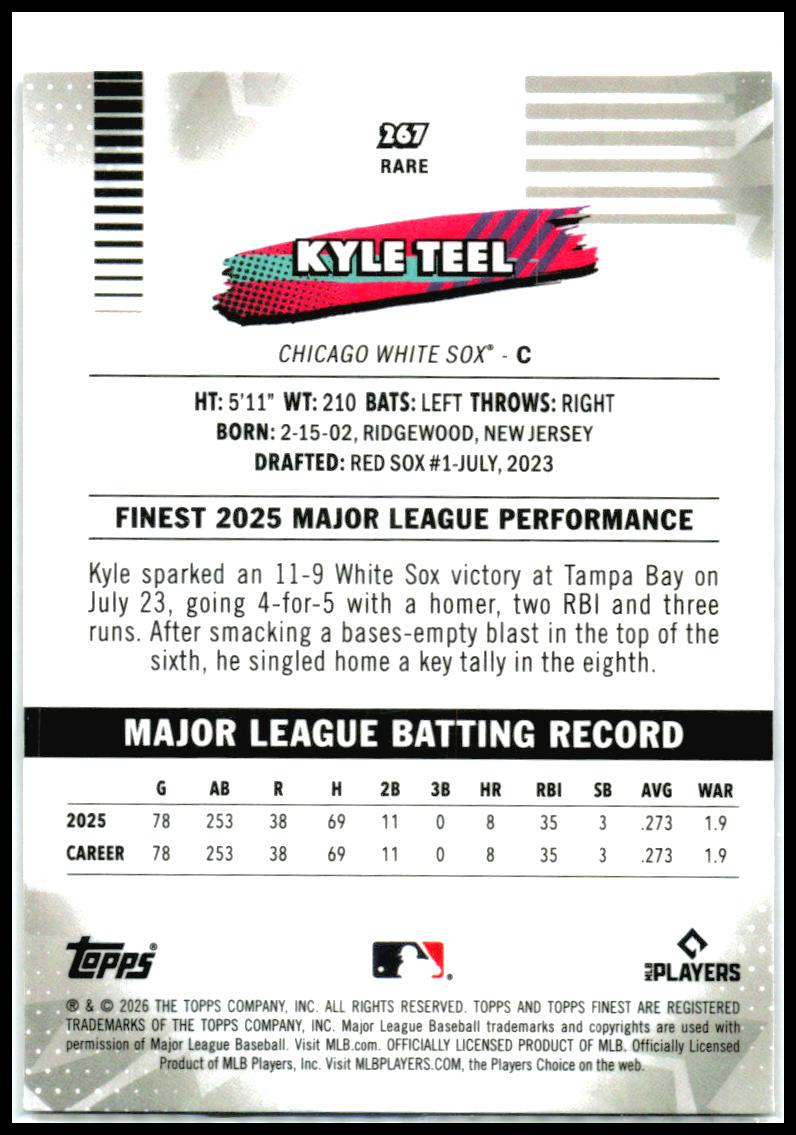 2026 Finest Blue Mini-Diamond Refractors #267 Kyle Teel RC White Sox