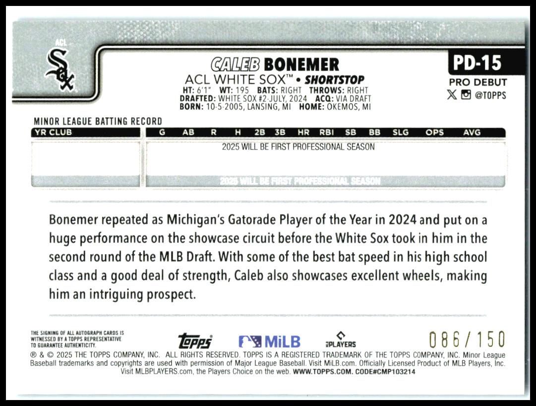 2025 Topps Pro Debut Base Autographs Blue #PD-15 Caleb Bonemer AU