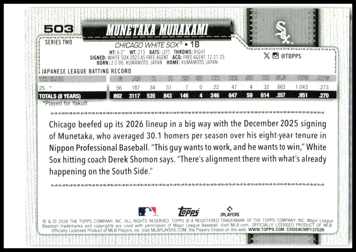 2026 Topps Holiday #503 Munetaka Murakami Chicago White Sox
