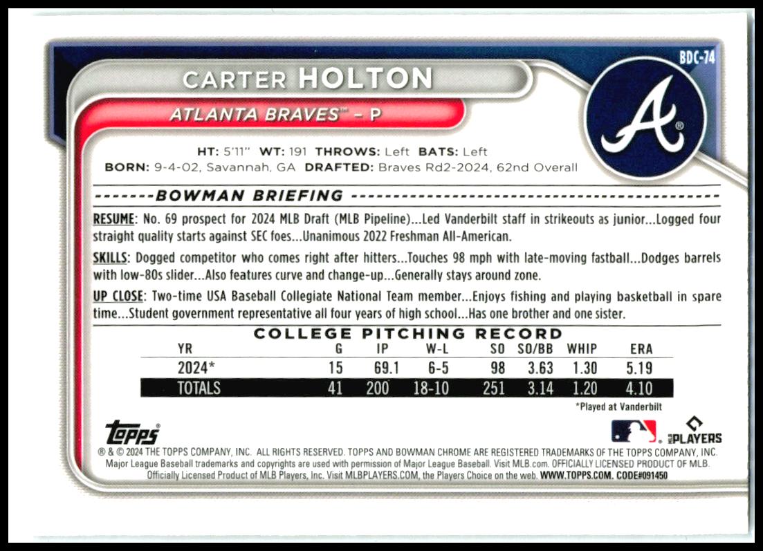 2024 Bowman Draft Chrome Mini Diamond /200 #BDC-74 Carter Holton AU Braves