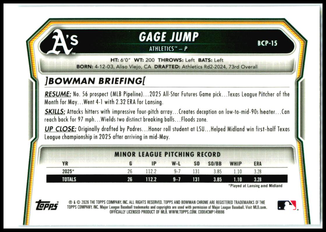 2026 Bowman Chrome Prospects Mojo Sky Blue Refractor #BCP-15 Gage Jump