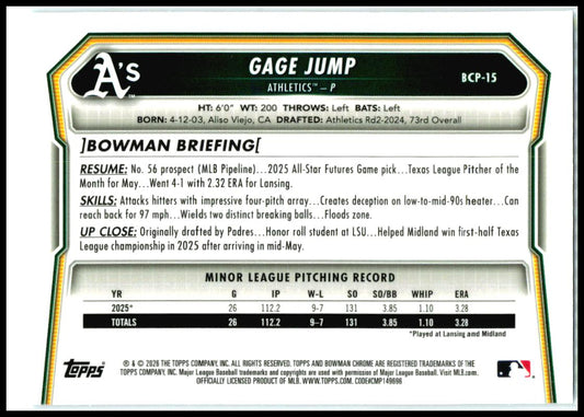 2026 Bowman Chrome Prospects Mojo Sky Blue Refractor #BCP-15 Gage Jump