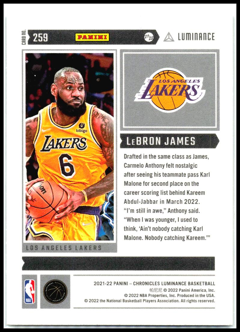 2021-22 Panini Chronicles #259 LeBron James Los Angeles Lakers