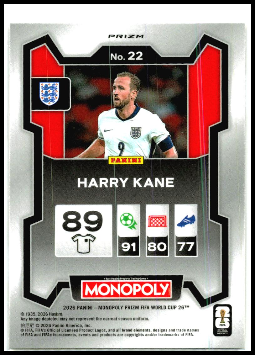 2026 Prizm Monopoly FIFA World Cup Gold Cracked Ice #22 Harry Kane England