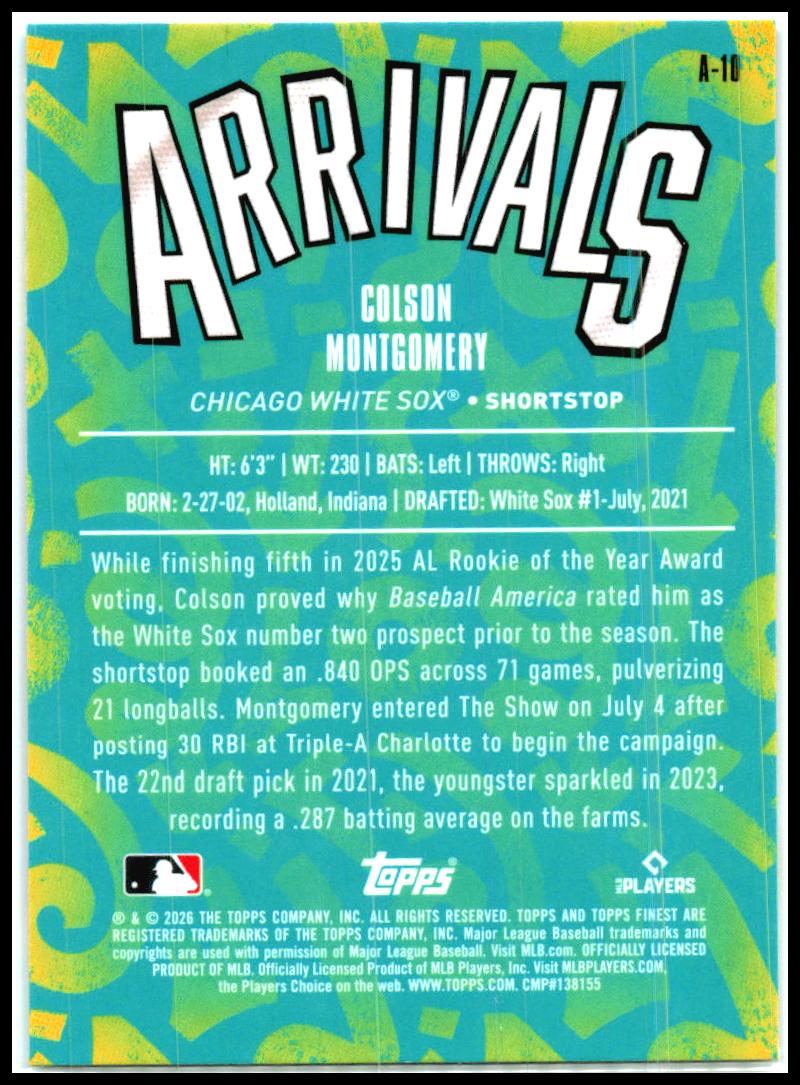 2026 Finest Arrivals #A-10 Colson Montgomery Chicago White Sox