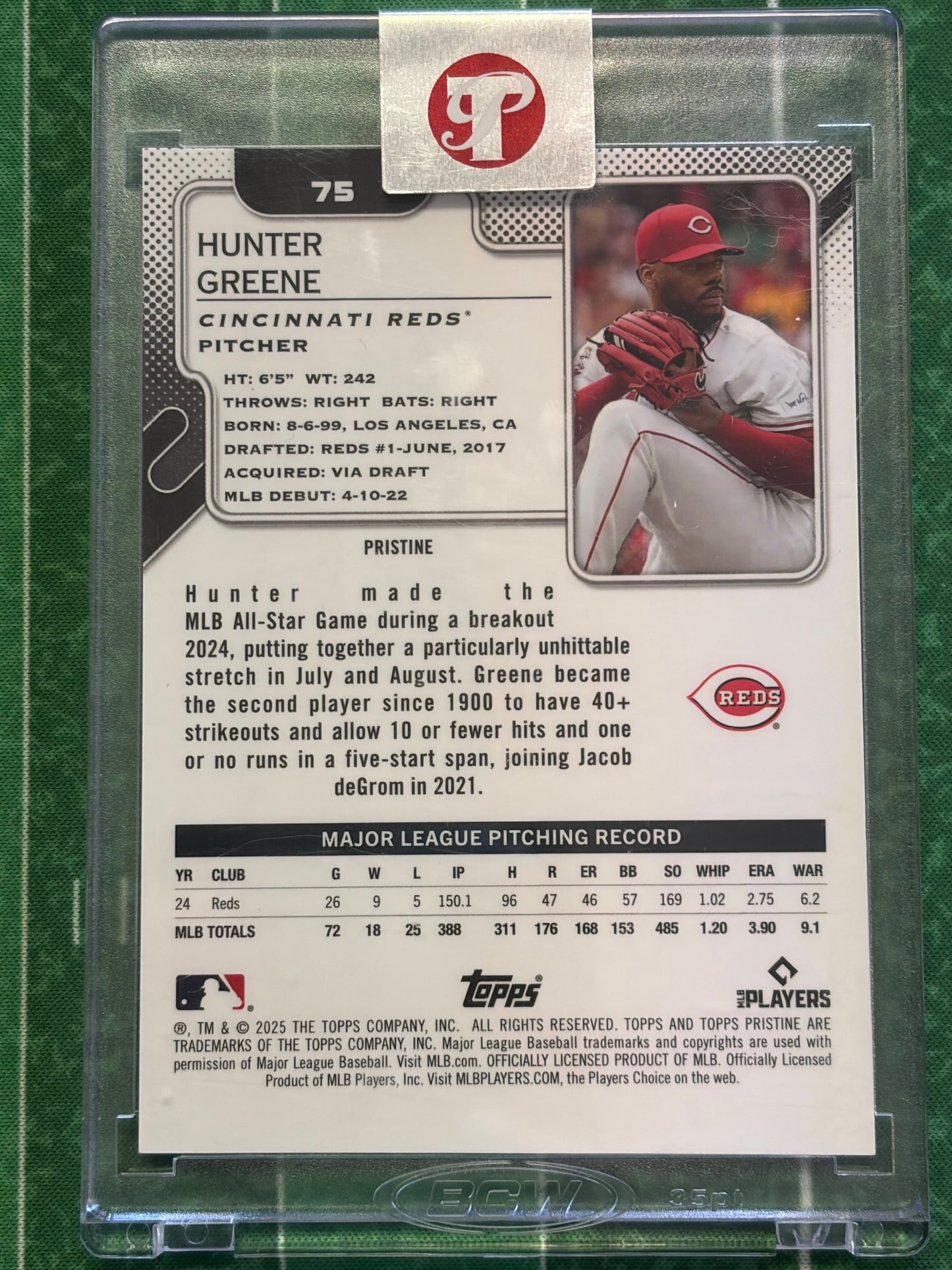 2025 Topps Pristine Orange Refractors #75 Hunter Greene #/25 Cincinnati Reds
