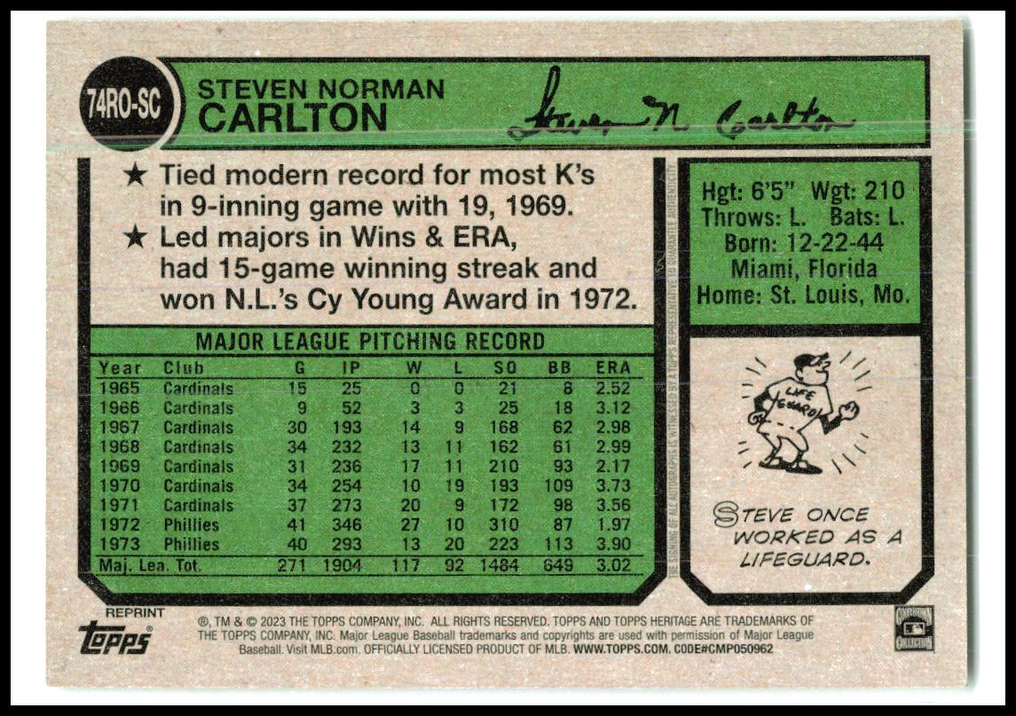 2023 Topps Heritage Real One Autographs #74RO-SC Steve Carlton AU Phillies