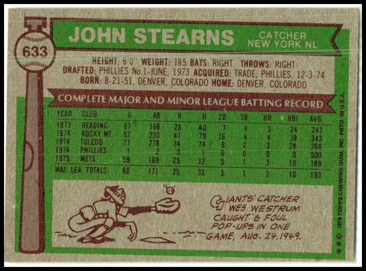 1976 Topps #633 John Stearns RC New York Mets
