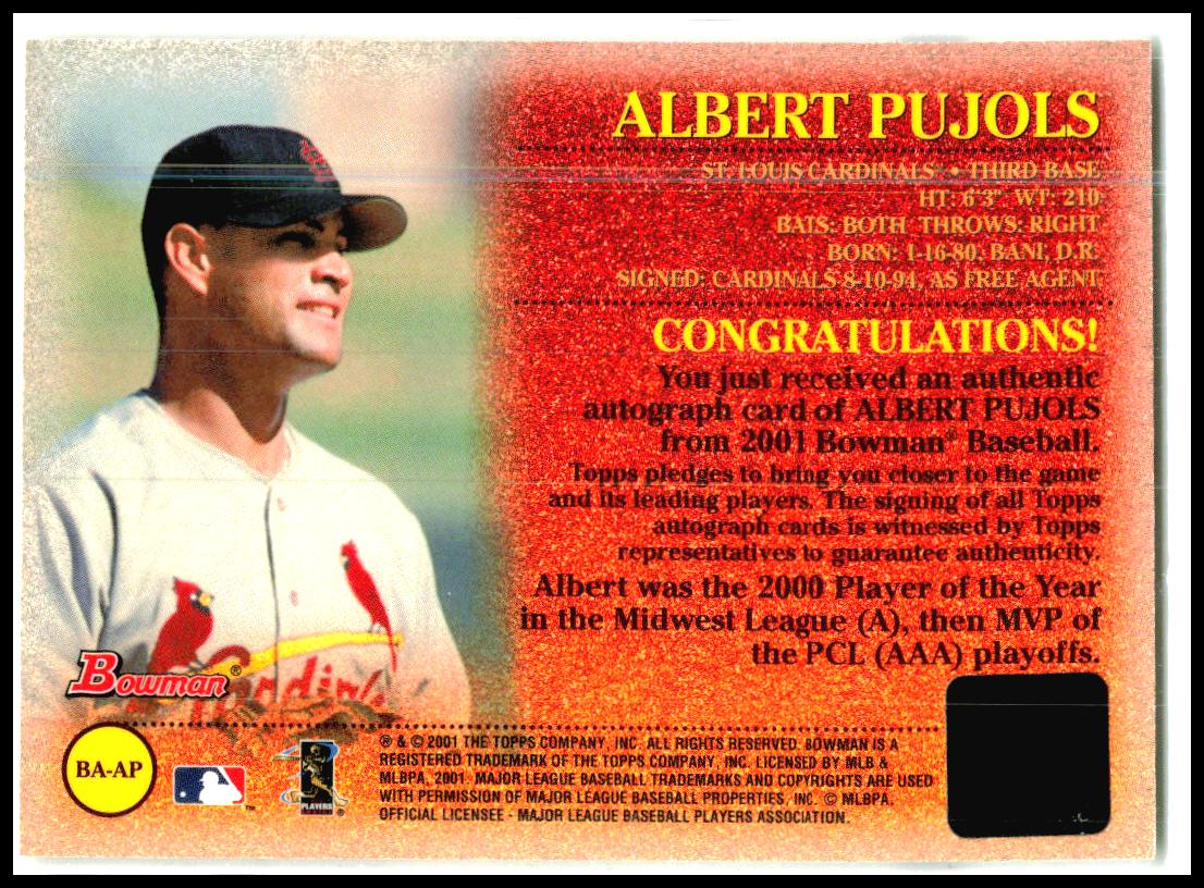 2001 Bowman Autographs #BA-AP Albert Pujols AU St. Louis Cardinals