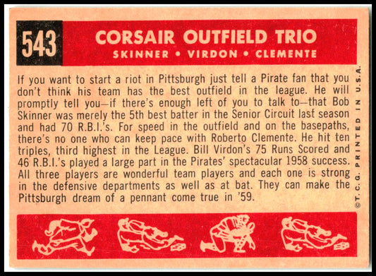 1959 Topps #543 Corsair Outfield Trio Skinner / Virdon / Clemente Pirates
