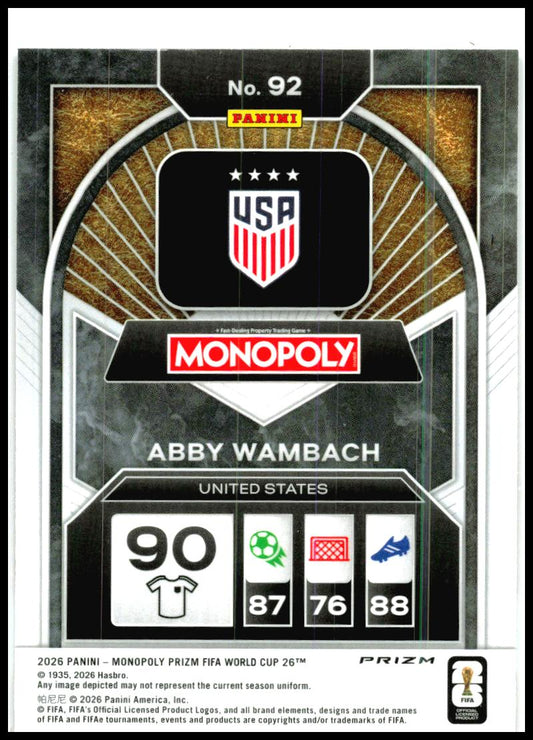 2026 Panini Prizm Monopoly FIFA World Cup Red Prizms #92 Abby Wambach USA