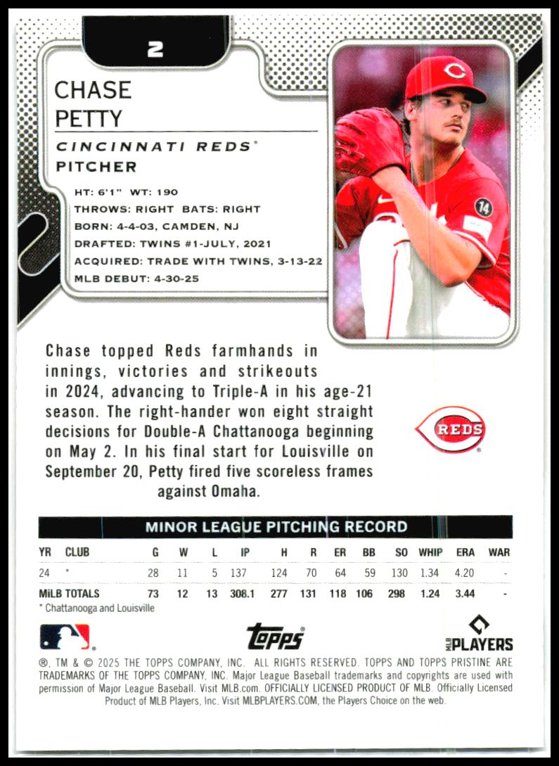 2025 Topps Pristine Red Refractors #2 Chase Petty RC #/5 Cincinnati Reds