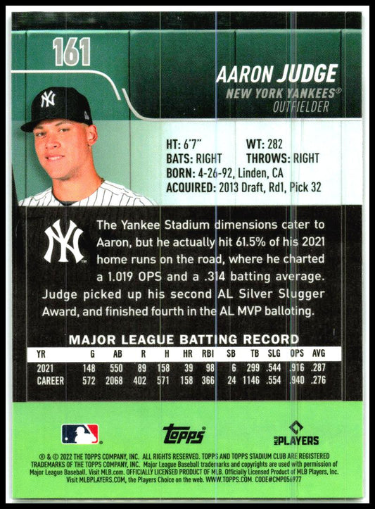 2022 Stadium Club Chrome X-Fractor #161 Aaron Judge New York Yankees