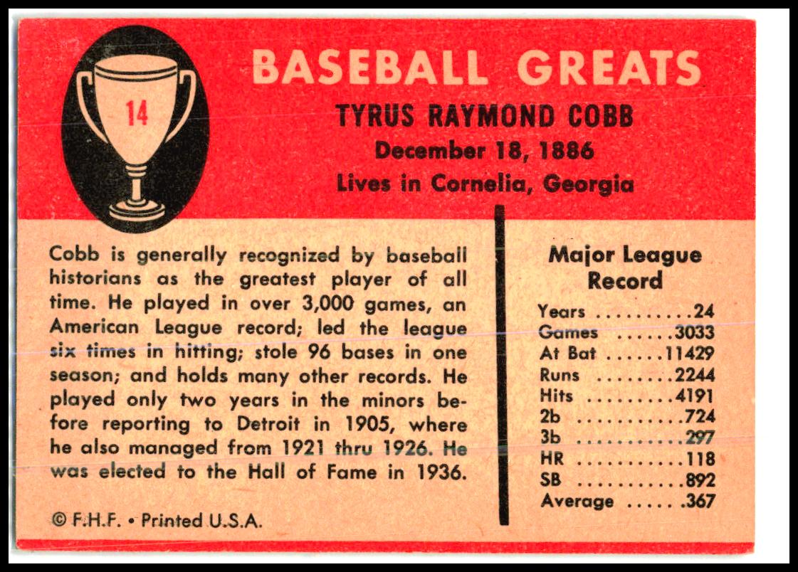 1961 Fleer Baseball Greats #14 Ty Cobb Detroit Tigers
