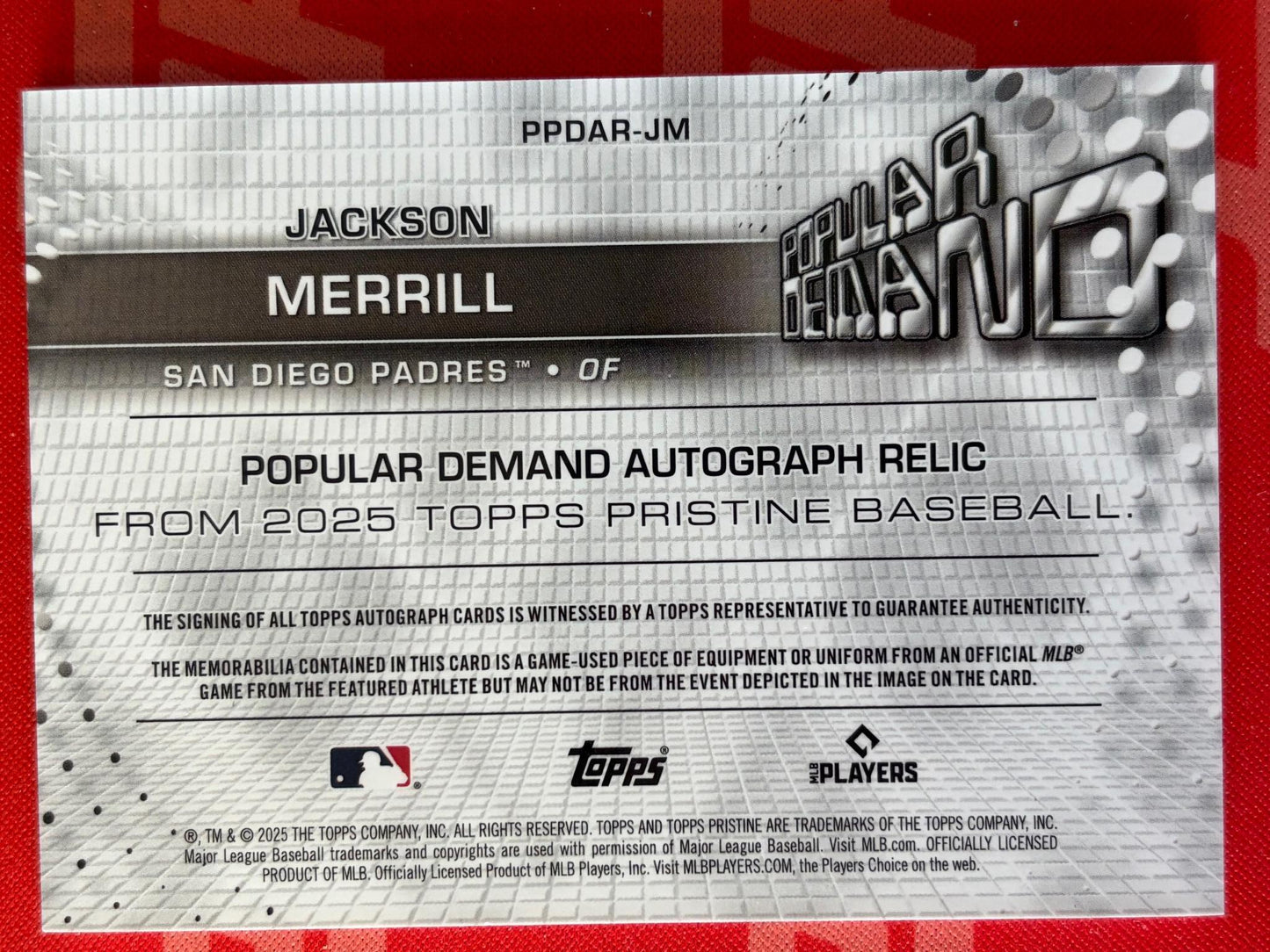 2025 Pristine Popular Demand Auto Relics Orange #/25 # Jackson Merrill AU Padres