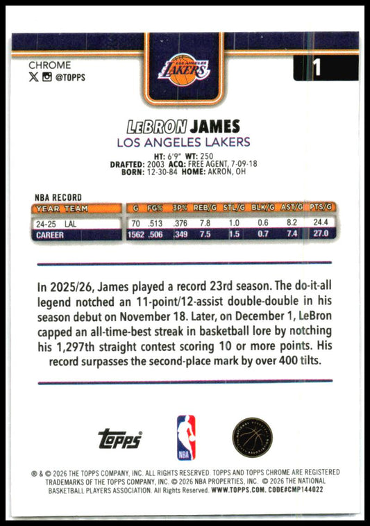 2025-26 Topps Chrome Update Magenta RayWave Refractor #1 LeBron James Lakers