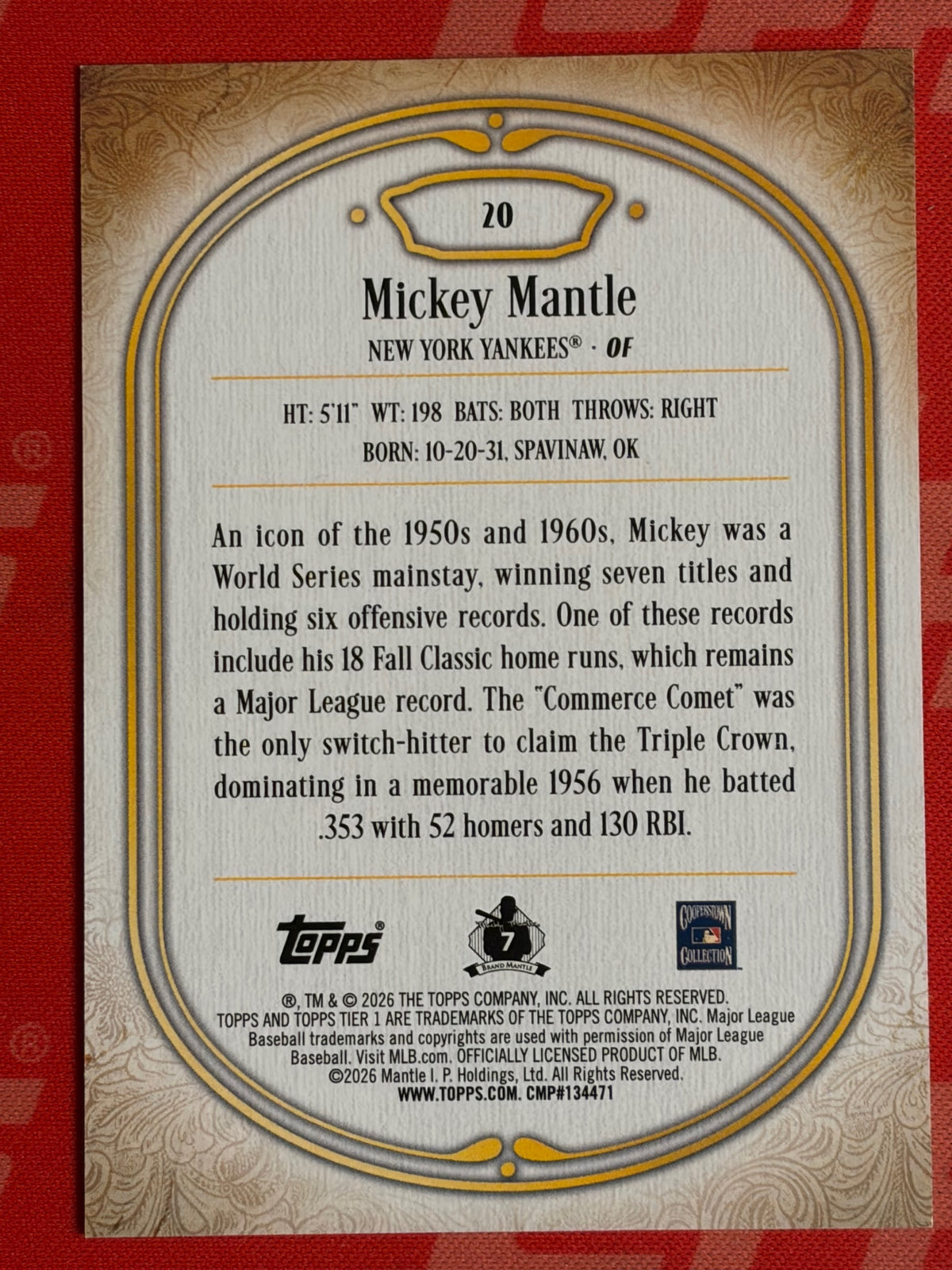 2026 Topps Tier One Purple #20 Mickey Mantle #/50 New York Yankees