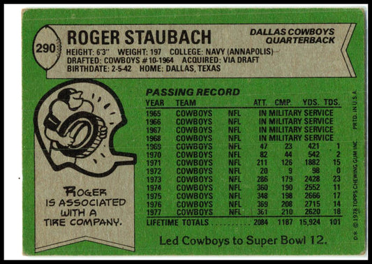 1978 Topps #290 Roger Staubach Dallas Cowboys
