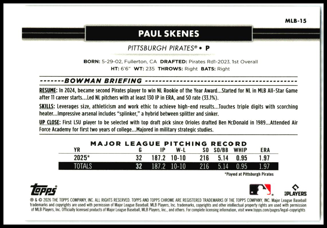 2026 Topps Chrome National Gold #/50 #MLB-15 Paul Skenes Pittsburgh Pirates