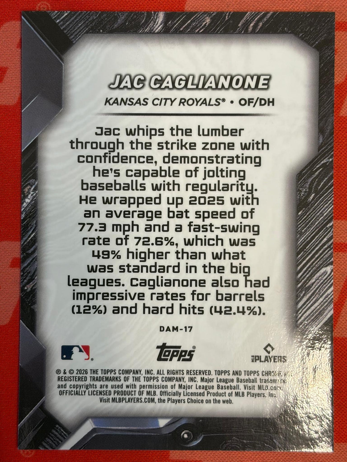 2026 Topps Chrome Black Damascus #DAM-17 Jac Caglianone RC Kansas City Royals