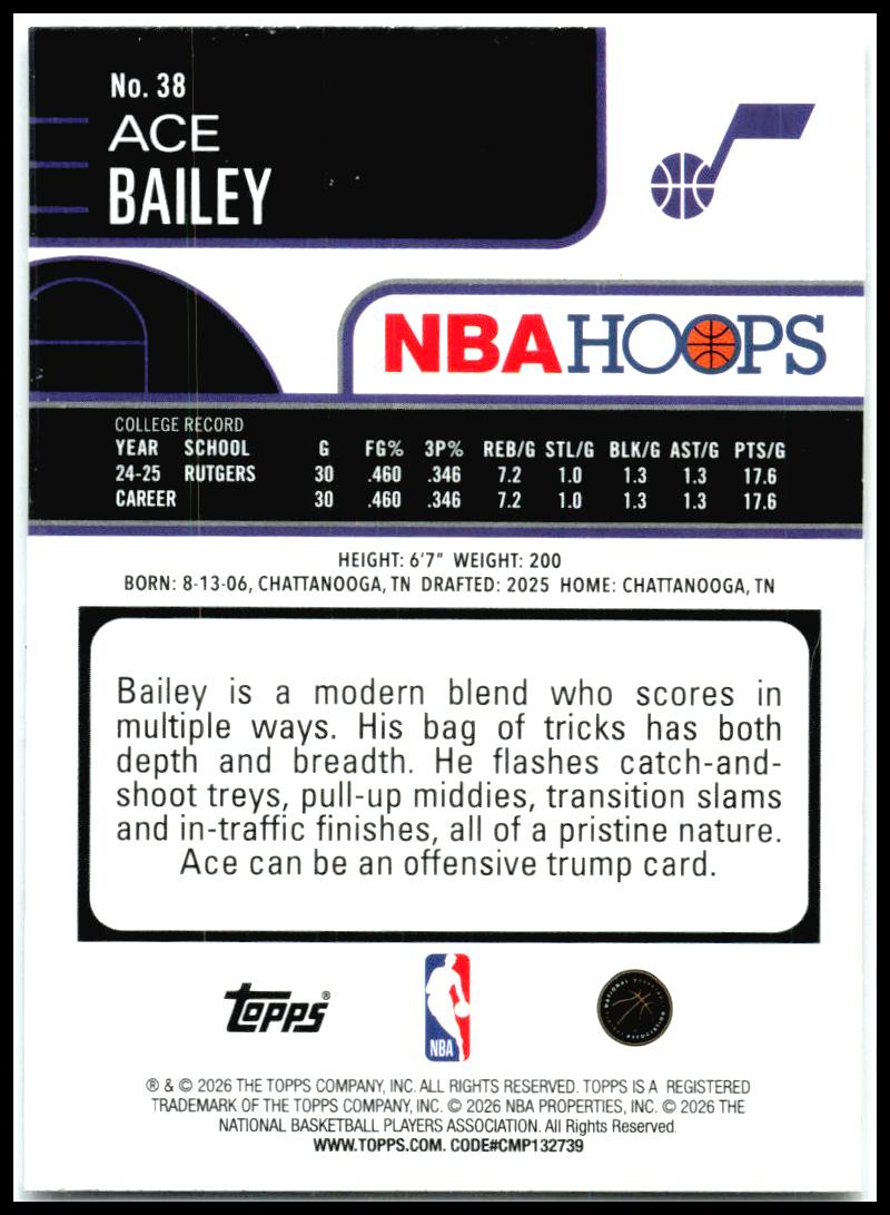 2025-26 Hoops #38 Ace Bailey RC Utah Jazz