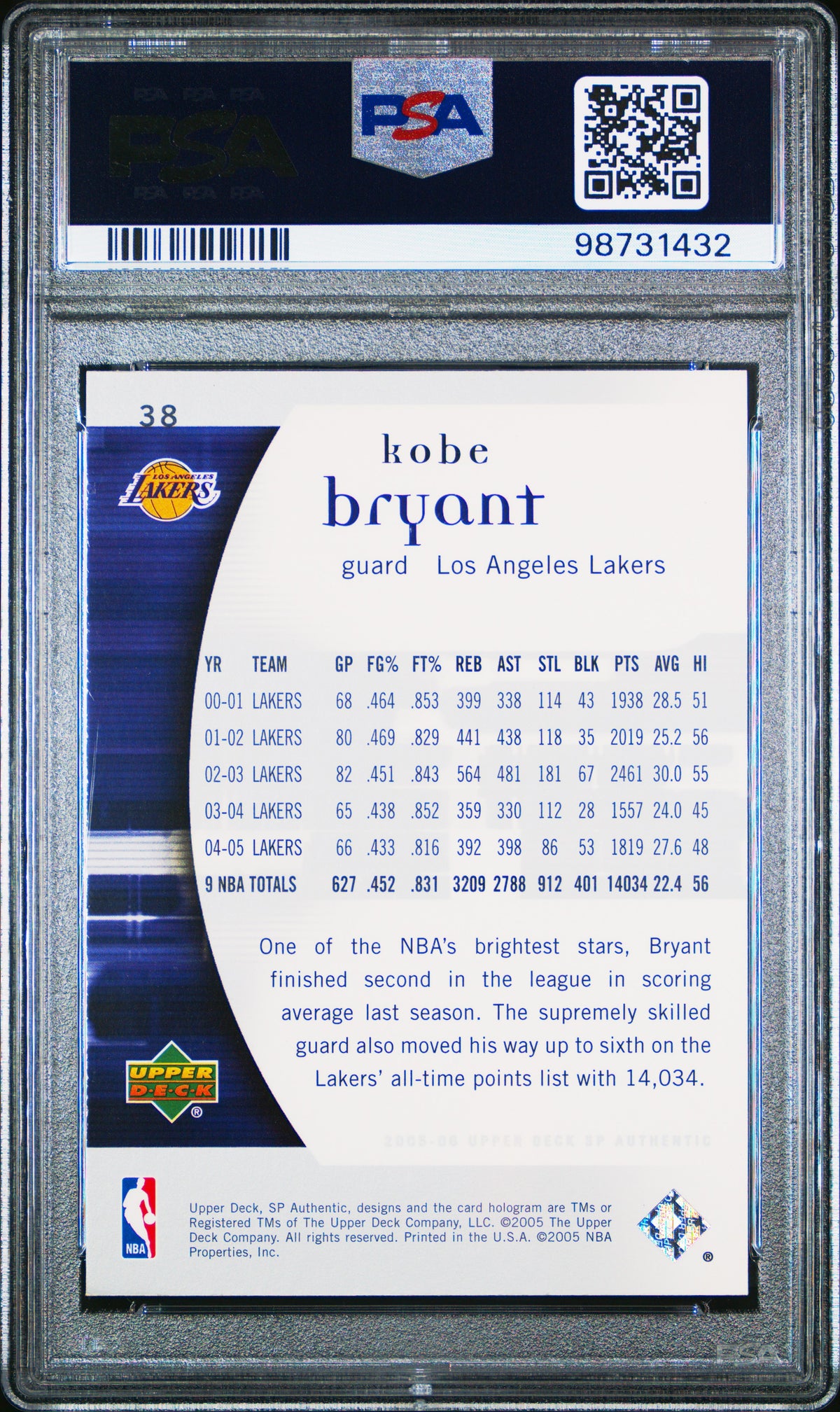 2005 Sp Authentic #38 Kobe Bryant PSA 9 Mint