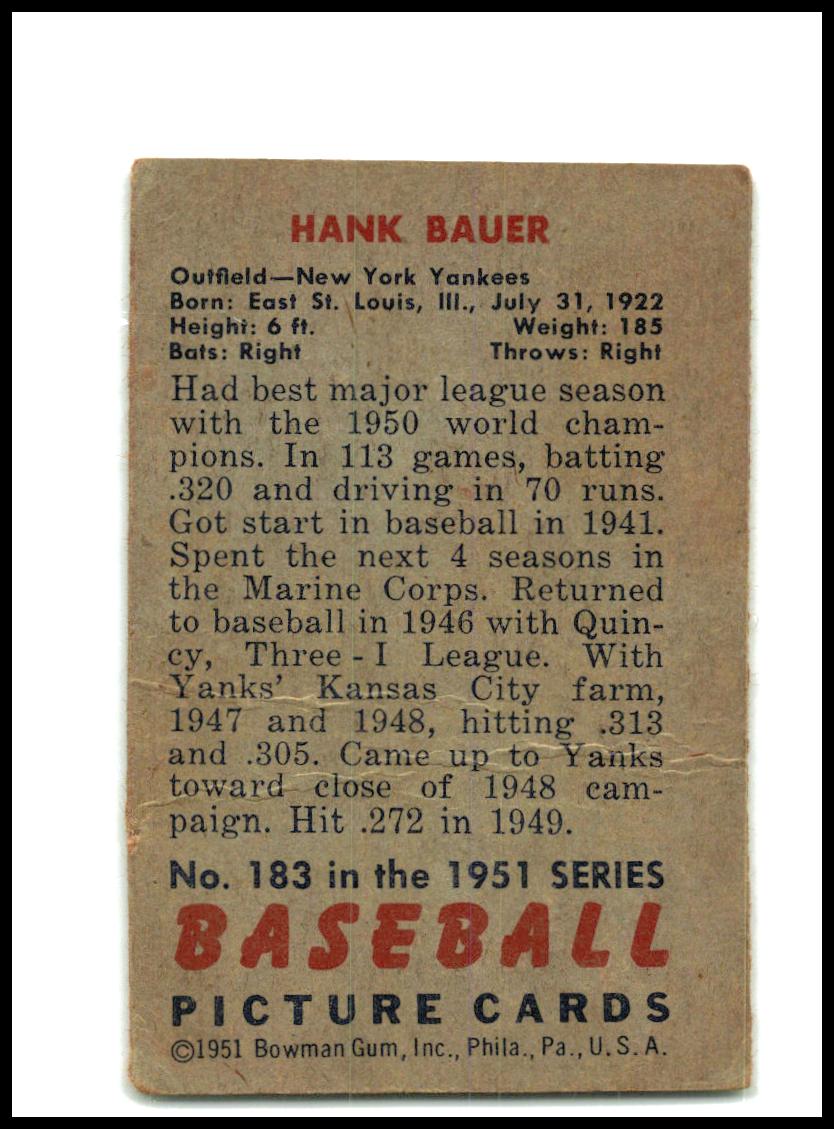 1951 Bowman Crease #183 Hank Bauer New York Yankees