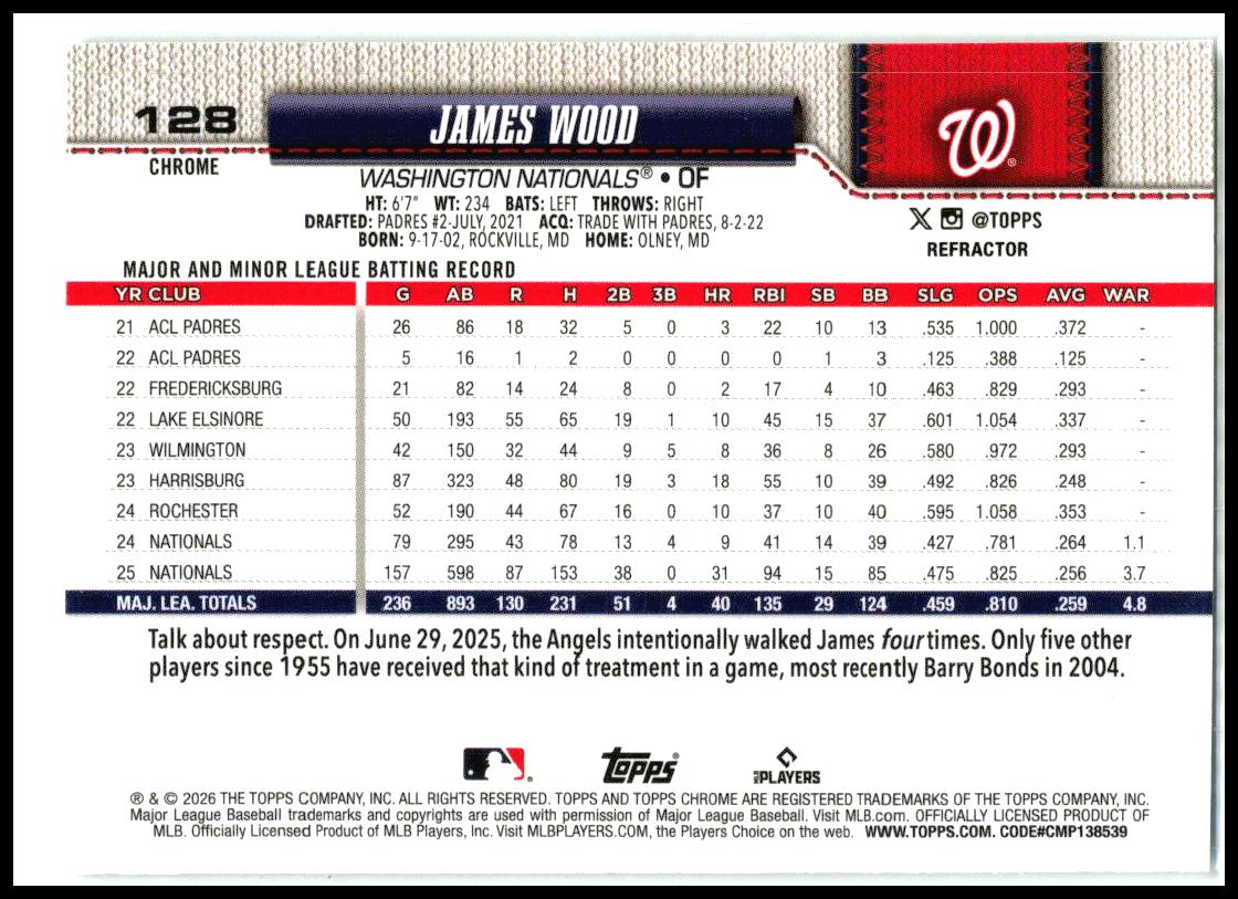 2026 Topps Chrome Refractors #128 James Wood Washington Nationals