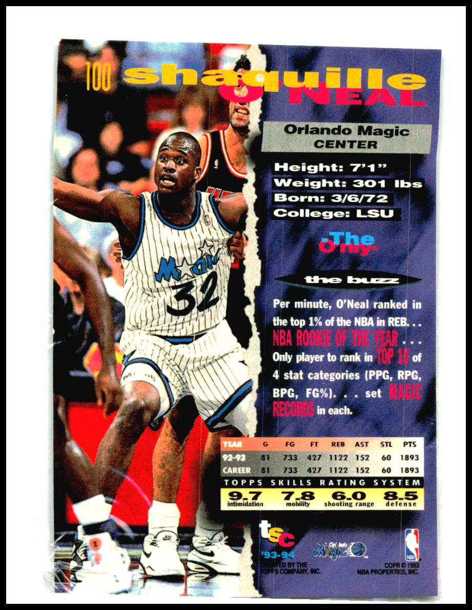 1993-94 Stadium Club #100 Shaquille O'Neal Orlando Magic
