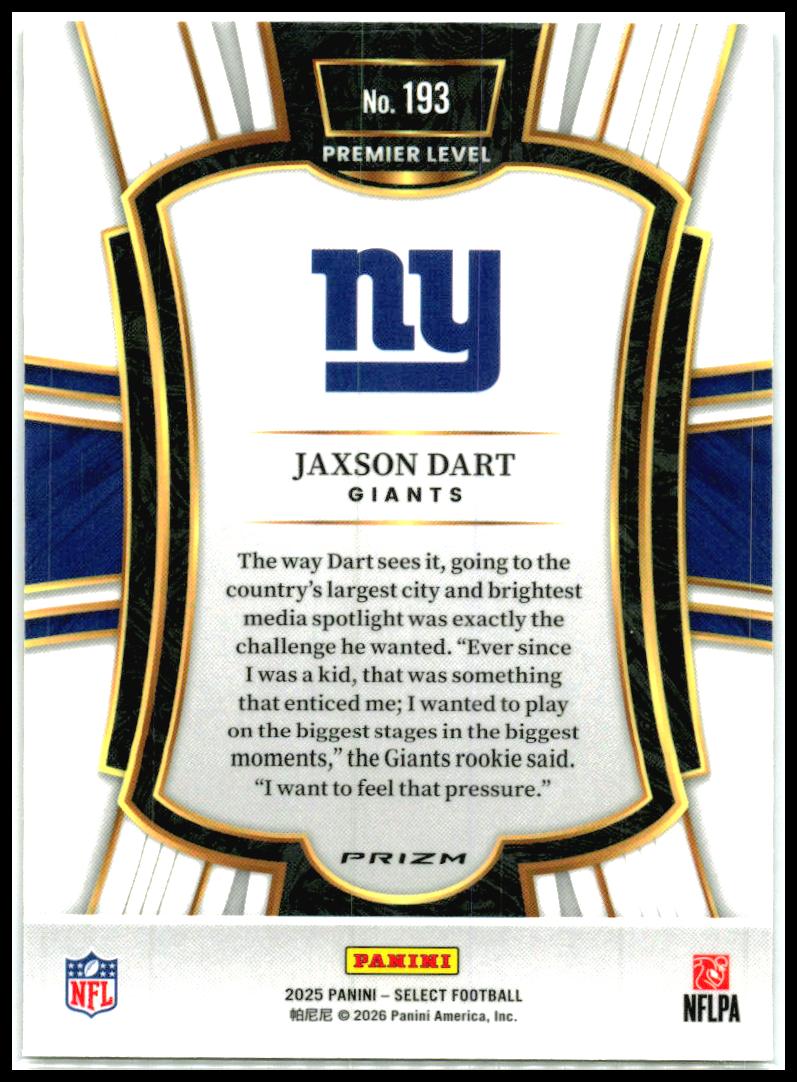 2025 Panini Select Black and Gold Prizm Shock #193 Jaxson Dart RC Giants