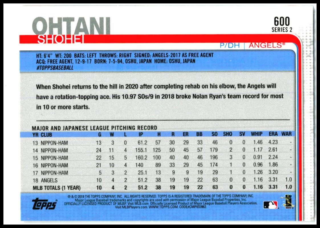 2019 Topps #600 Shohei Ohtani Los Angeles Angels