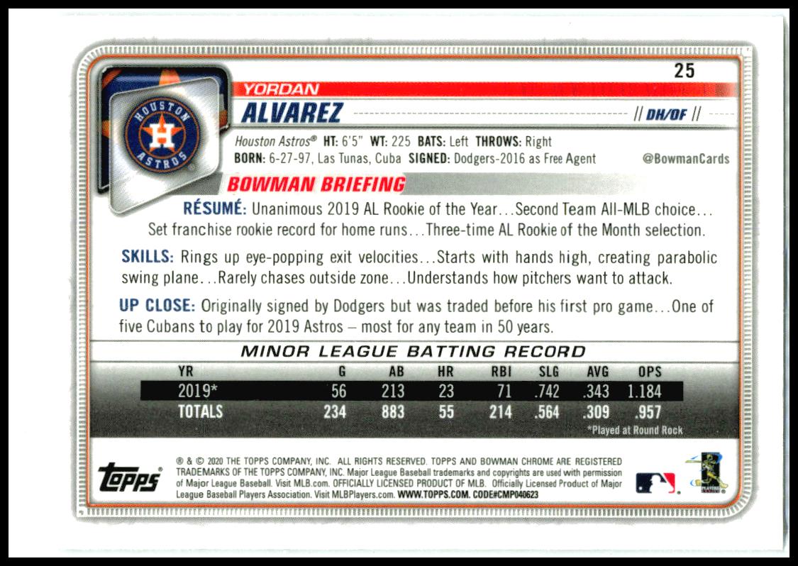 2020 Bowman Chrome #25 Yordan Alvarez RC Houston Astros