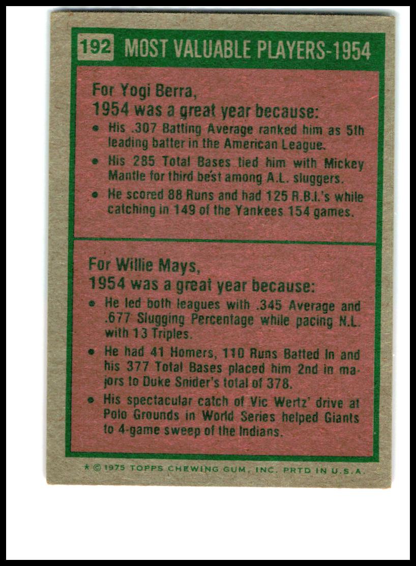 1975 Topps Mini #192 1954 MVPs (Yogi Berra / Willie Mays)