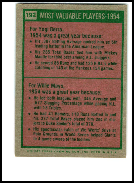 1975 Topps Mini #192 1954 MVPs (Yogi Berra / Willie Mays)