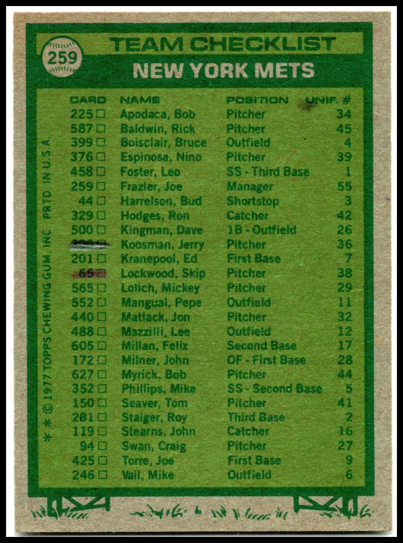 1977 Topps Team Checklists #259 New York Mets / Joe Frazier New York Mets