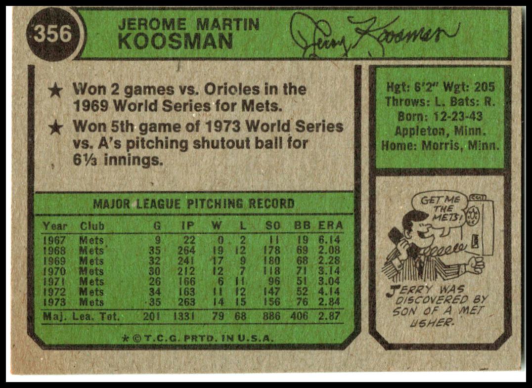 1974 Topps #356 Jerry Koosman New York Mets
