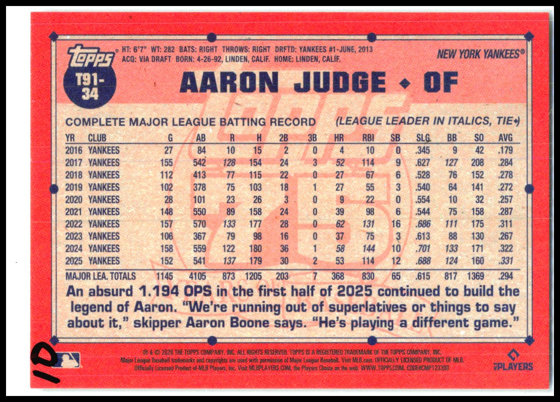 2026 Topps 1991 Topps 35th Anniversary Crackle Foil #T91-34 Aaron Judge Yankees