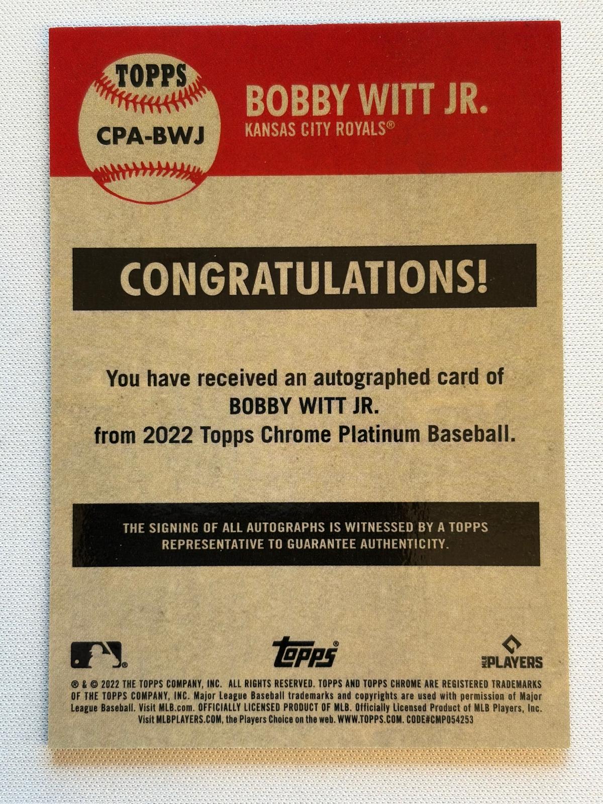 2022 Topps Chrome Platinum Anniversary Auto #CPA-BWJ Bobby Witt Jr. AU Royals