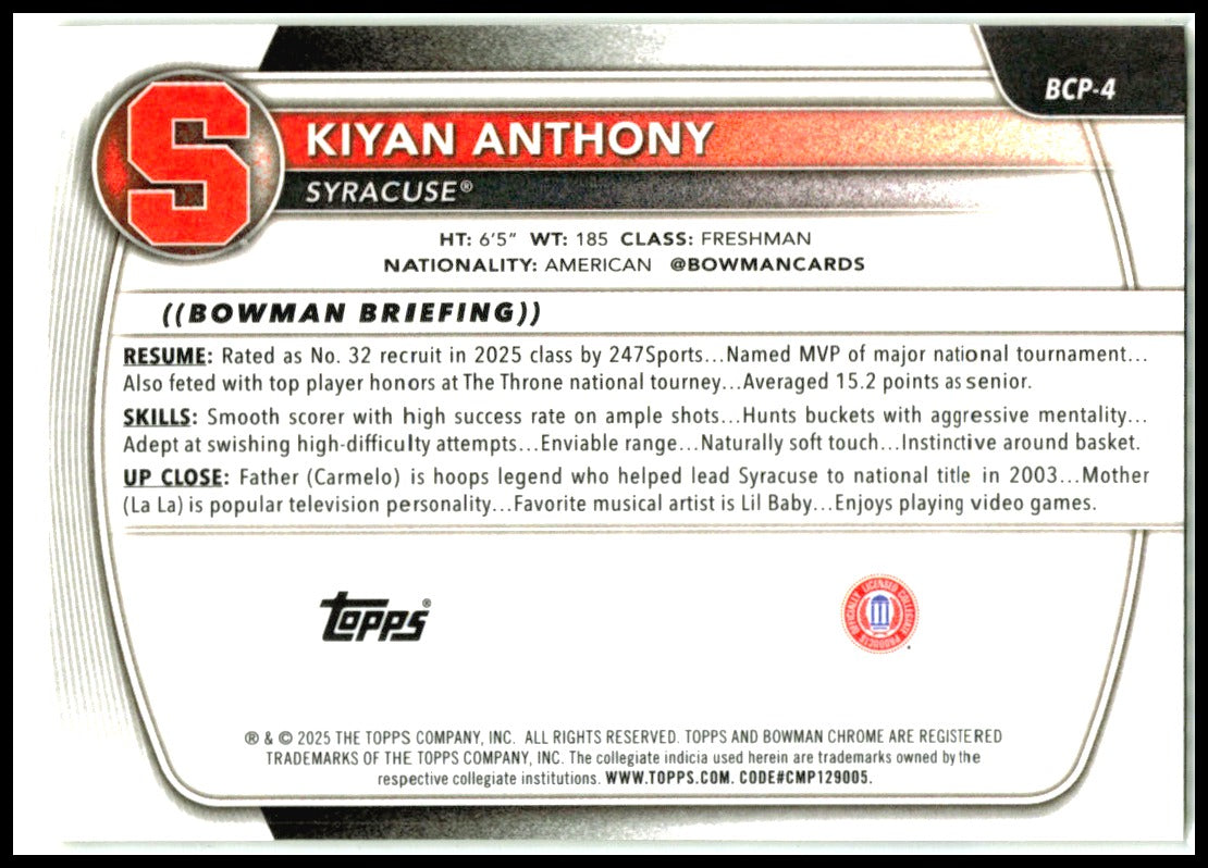 2025-26 Bowman Chrome Prospects Yellow X-Fractor #BCP-4 Kiyan Anthony Syracuse