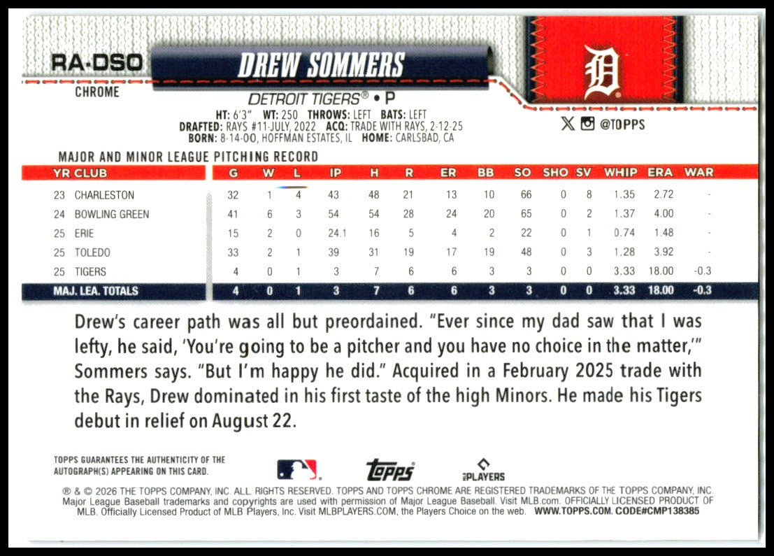 2026 Topps Chrome Rookie Auto Purple Raywave /75 #RA-DSO Drew Sommers AU Tigers