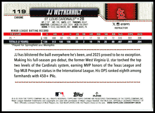 2026 Topps Chrome Refractor #119 JJ Wetherholt RC St. Louis Cardinals