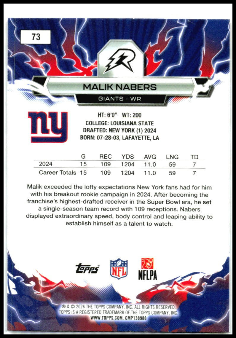 2025 Topps Resurgence Black & White Surge Refractor #73 Malik Nabers Giants