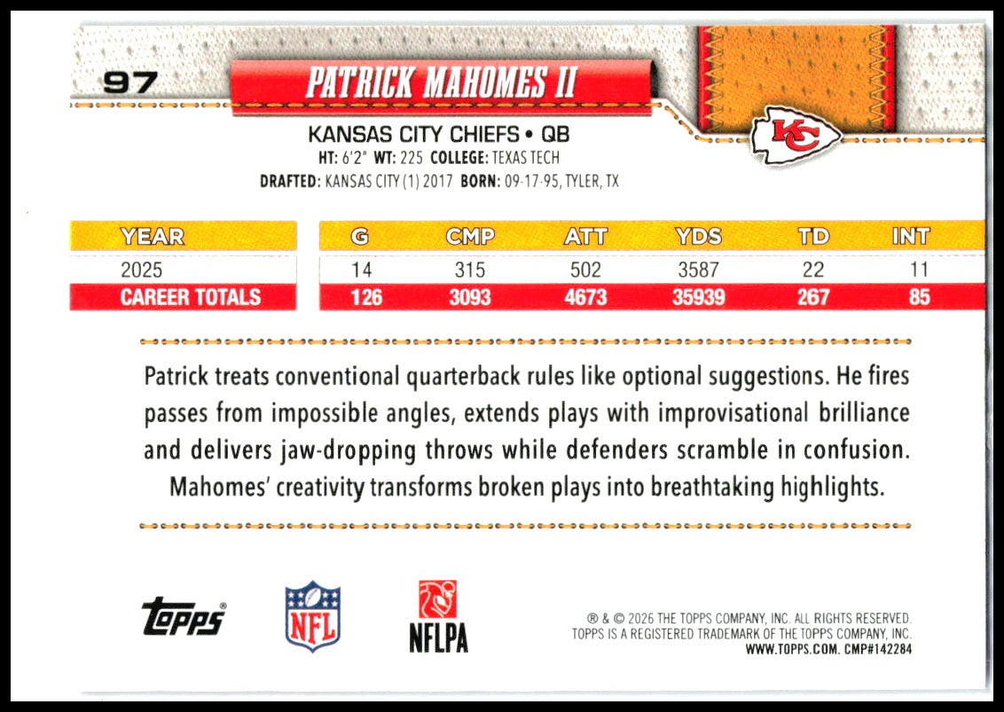 2026 Topps Pink Sandglittler #97 Patrick Mahomes II Kansas City Chiefs