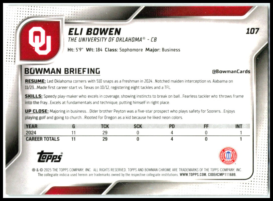 2025 Bowman University Chrome Green Lava #107 Eli Bowen Oklahoma Sooners
