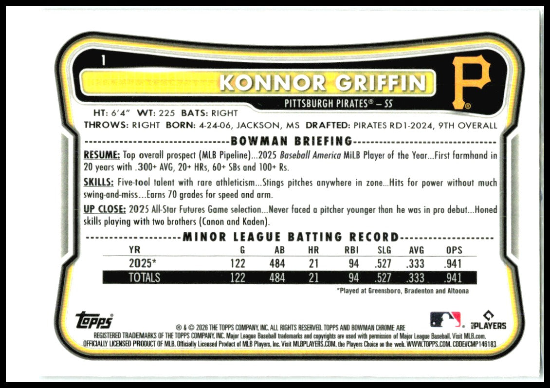 2026 Bowman Chrome Mojo Refractor #1 Konnor Griffin RC Pittsburgh Pirates
