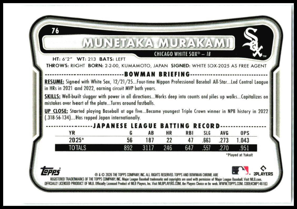 2026 Bowman Chrome Mojo Refractor #76 Munetaka Murakami RC Chicago White Sox