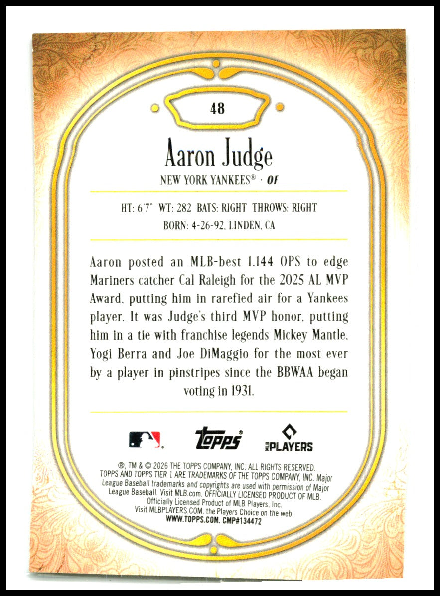 2026 Topps Tier One Pink #48 Aaron Judge #/5 New York Yankees